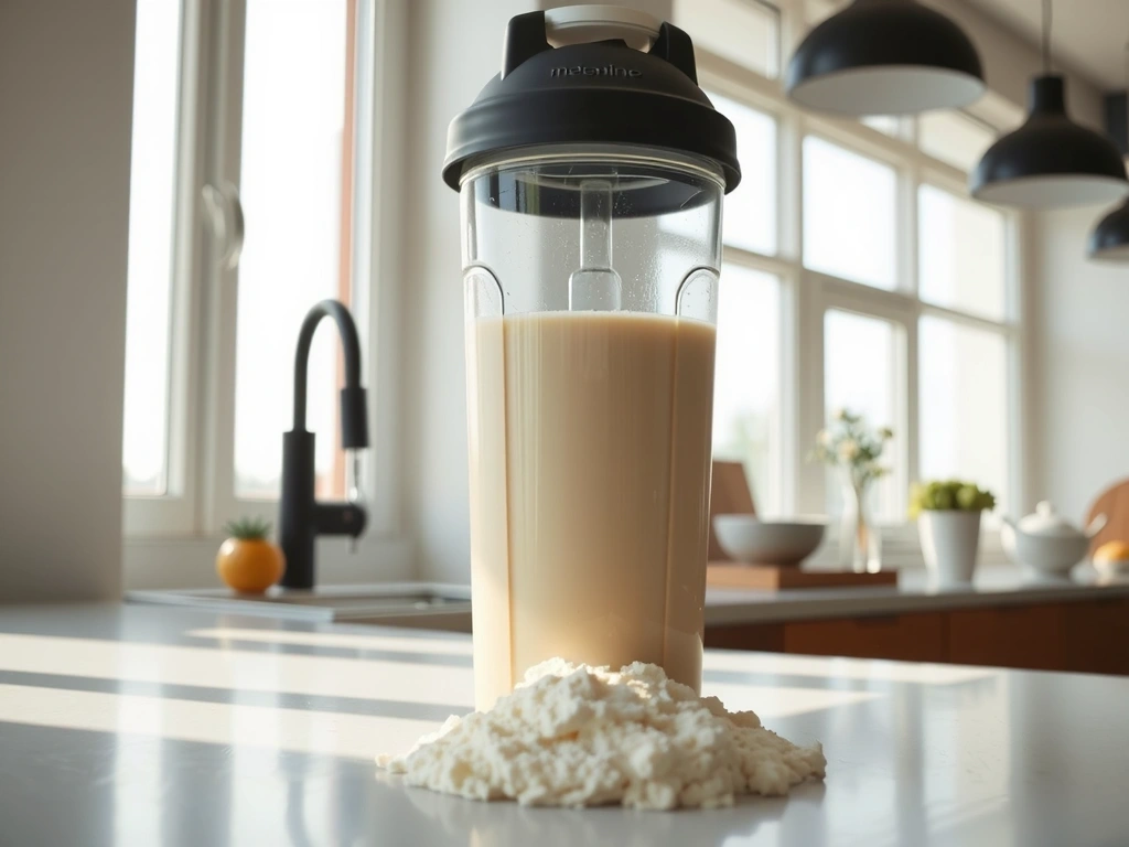 Un shaker cu proteine din zer și pudră albă pe un blat de bucătărie luminat